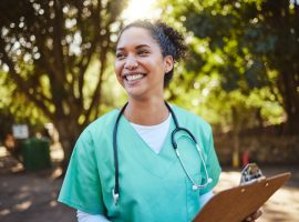 Woman,,Nurse,And,Smile,With,Clipboard,In,The,Park,For